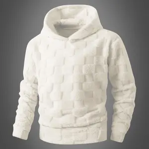 Men's fleece hoodie, thick and comfortable polyester double-sided fleece with plaid details, casual long-sleeve pullover, fleece-lined sweatshirt, suitable for everyday wear during autumn and winter.