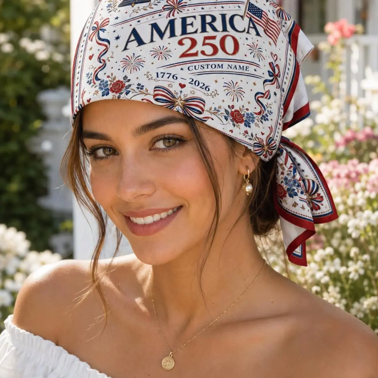 Custom America 250 Scarf, Personalized Name Bandana, Patriotic 1776 2026 Flag Bow Pattern Scarf