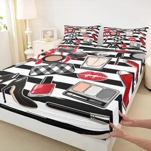 Makeups Fitted Sheet,Glasses Lipstick Lips Bedding Set for Girls Woman Teens Room Decor,Black White Stripes Bed Cover Modern Bed Sheet Set