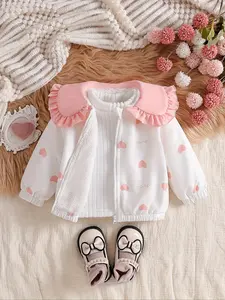 Sweet and loving printed winter coat for baby girls, pink big ruffle edge lapel coat, cute, soft and gentle outfit, soft and comfortable warm coat, suitable for baby girls to go out and play, casual outfit for school and back to school seasons