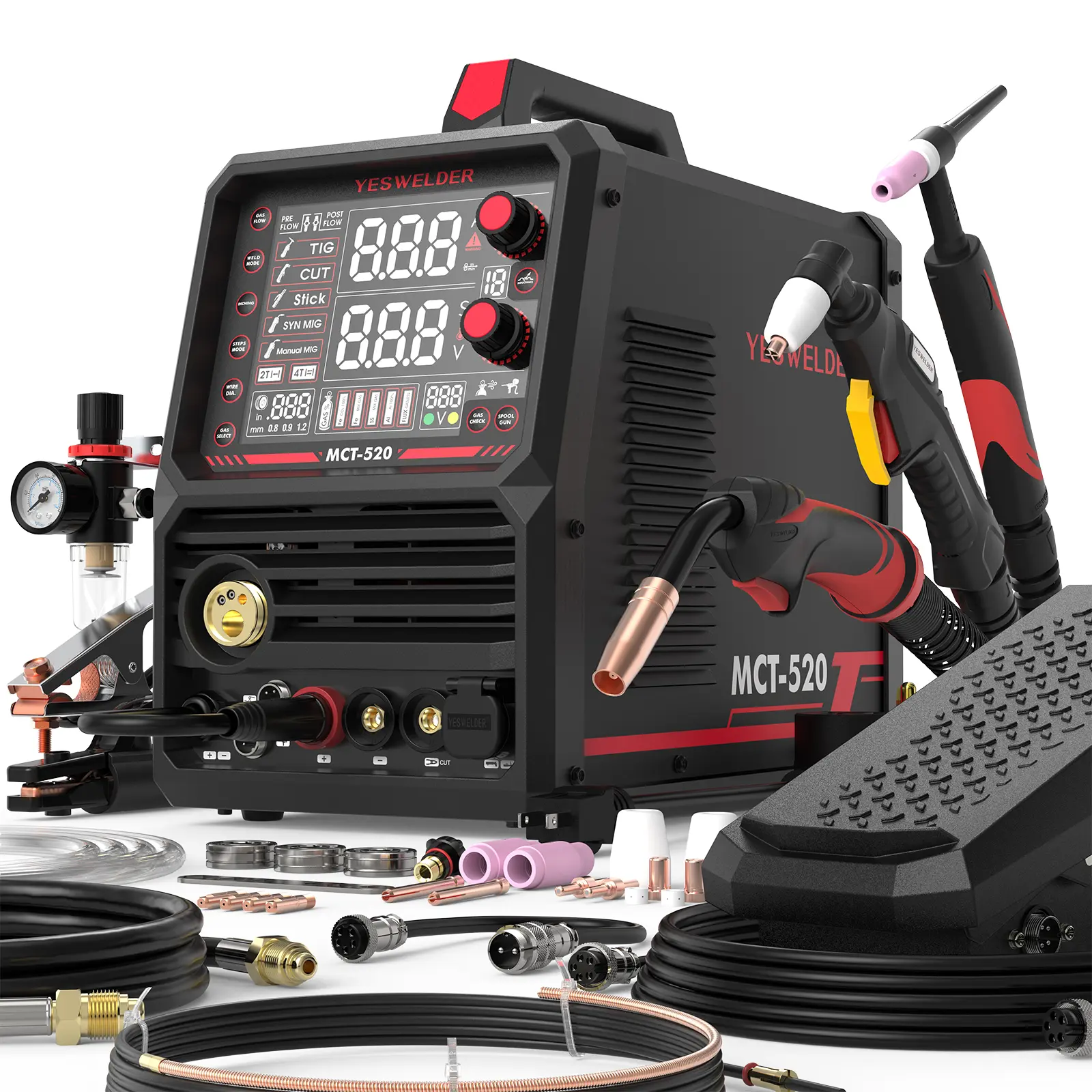 YESWELDER MCT-520 6-in-1 MIG Welder & Plasma Cutter Combo with Foot Pedal | 110/220V Multiprocess Welding Machine, 200A MIG/TIG/MMA, 50A CUT, HF TIG & Spool Gun Support YESWELDER MCT-520 6-in-1 MIG Welder & Plasma Cutter Combo with Foot Pedal | 110/220V Multiprocess Welding Machine, 200A MIG/TIG/MMA, 50A CUT, HF TIG & Spool Gun Support