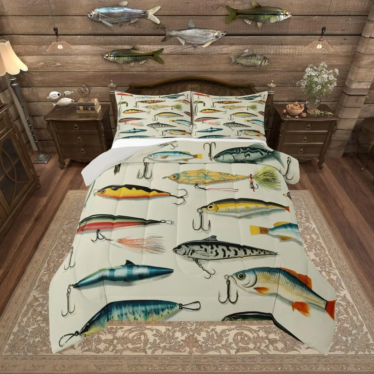 Feelyou Queen Microfibre Bedding Set - Big Pike Fish Hunting & Fishing Themed Bed Cover, Retro Vintage Marine Life Pattern Bedding, Clump-Resistant Quilt Set, Bed Cover Set