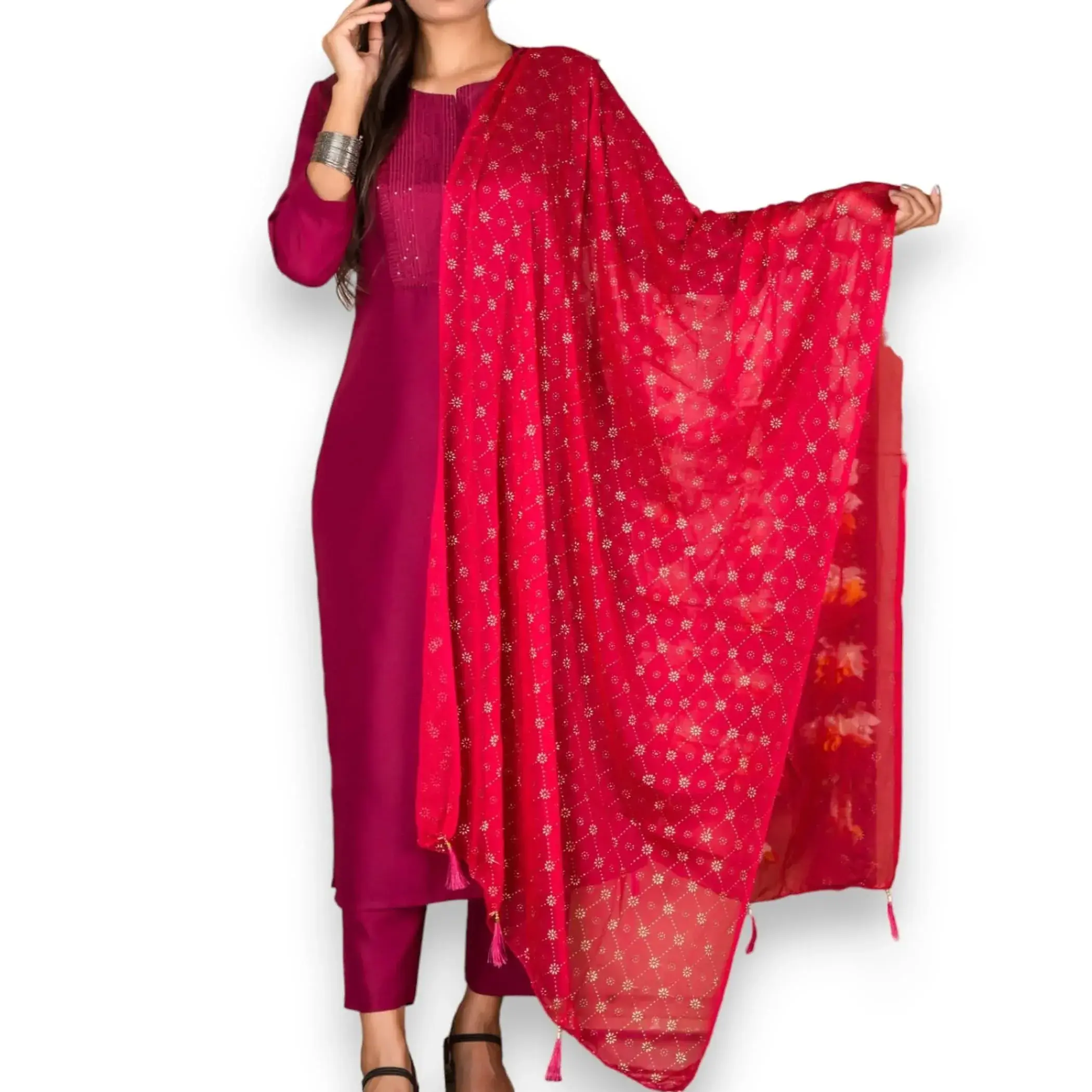 Elegant Chiffon Dupatta | Embossed Wedding Scarf Shawl with Tassels | Perfect for Diwali, Pooja, Ceremonies | Luxurious Gift