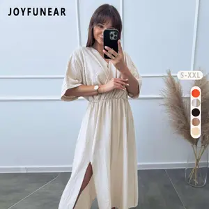 [US shipping]Joyfunear Solid Color A-Line Dress, Ladies Casual Split Thigh Shirred Short Sleeve V Neck Regular Fit Long Flounce Sleeve Plain A Line Women Long Dresses