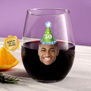 Custom Birthday Wine Glass with Face & Age – Personalized Party Hat Design, Funny Milestone Birthday Gift