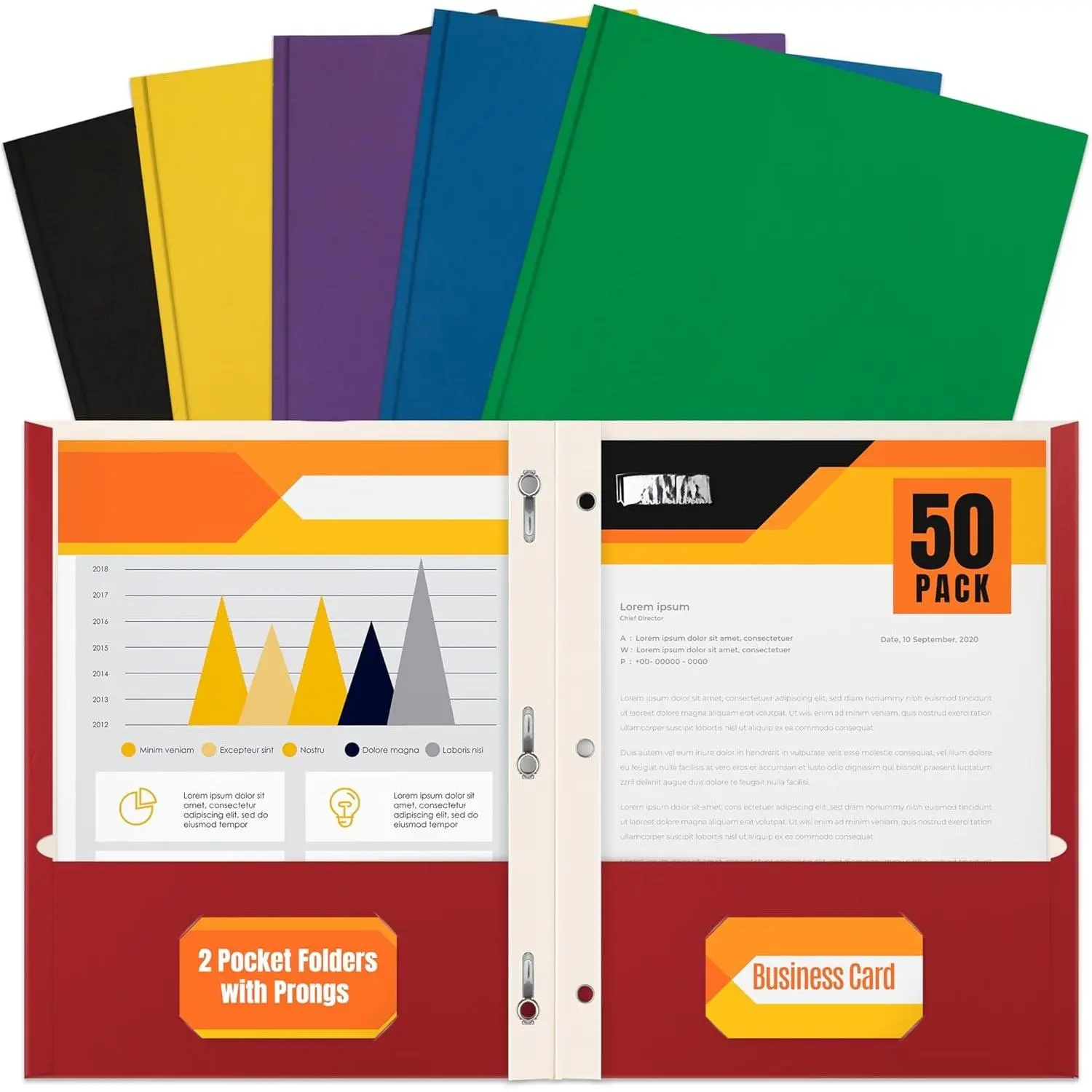Letter Size Paper Portfolios with Prongs, Case of 50, Assorted Primary Colors, with Fasteners (2 Pocket Paper Folders with Brads)