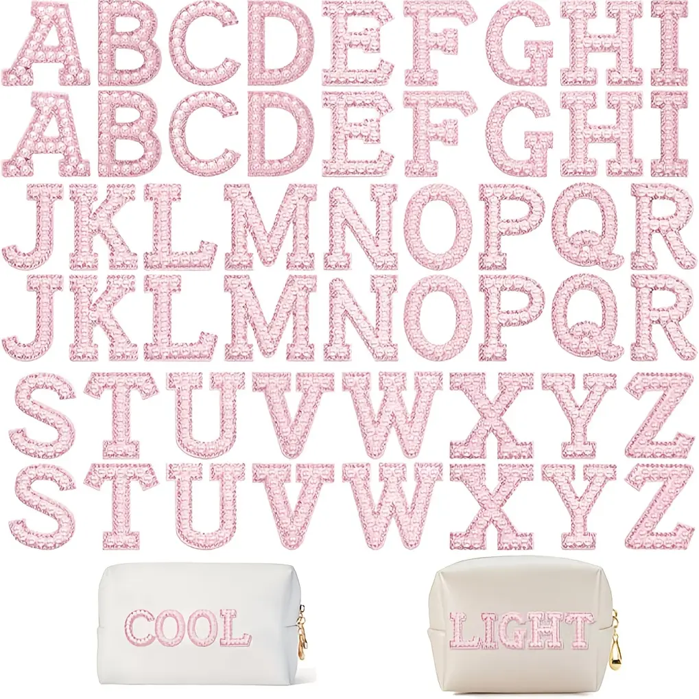 Pearl & Stone Iron-On Patches, 52-Piece Glitter Alphabet Letter Set in Pink & White for Customizing DIY Clothes & Bags