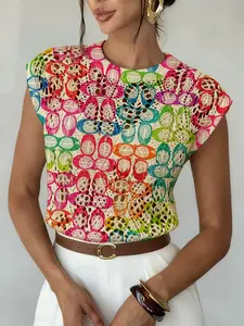 Geometric Pattern Colorblock Print Round Neck Sweater Top, Casual Fitted Sleeveless Knitwear for Spring Summer Fall, Comfortable Warm Women's Clothing