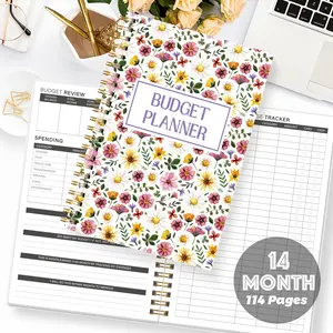 A5 Spiral Budget Planner Notebook, 14-Month Financial Management Journal, Monthly Income Expense Savings Tracker, Floral Design Ledger