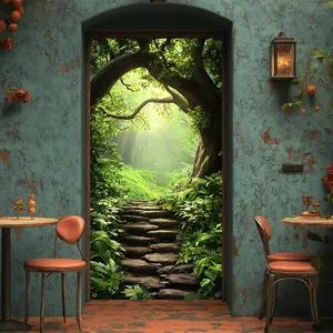 1PC Reusable Polyester 2D Flat Enchanted Print Door Banner - Wall Decor Banner, Enchanted Forest Stone Path Design, Magical Tree Vine Arch Greenery Hanging Cloth for Birthday Festival Party Decor