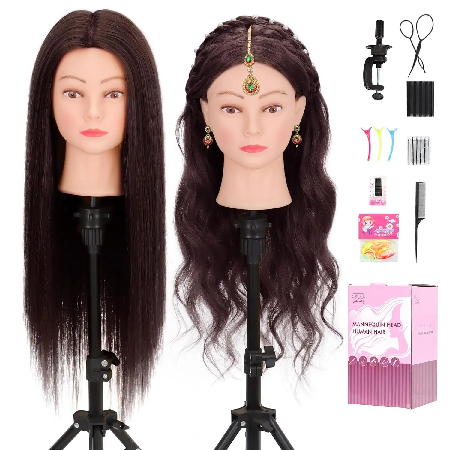 Mannequin  with 80% Real Human Hair 26-28'', Human Hair Manikin  for Hair Styling Hairdressing Practice, Manikin  with Human Hair for Hairdresser with Free Clamp