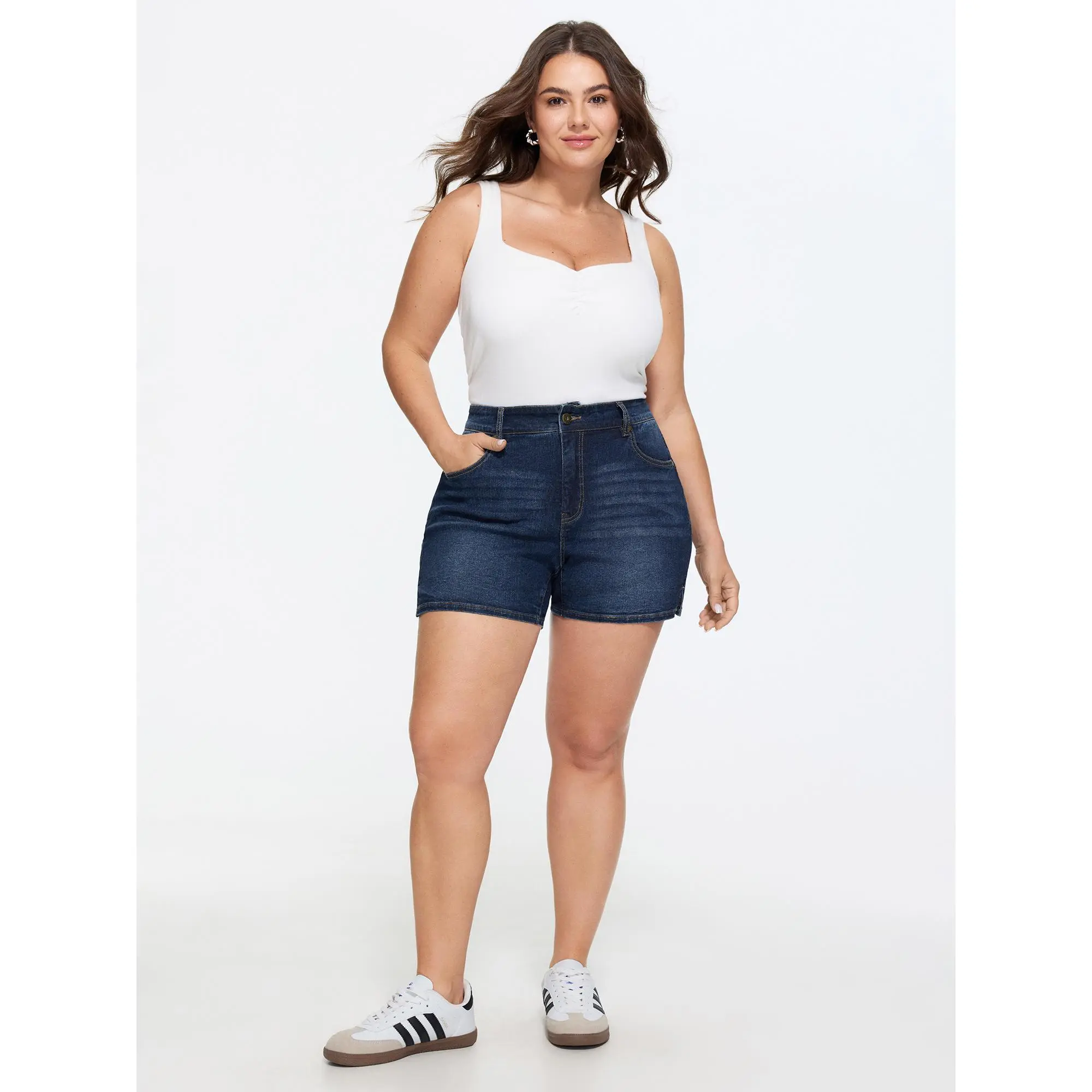 BloomChic Women's Plus Size Casual High-Rise Stretchy Denim Shorts, Basic 5-Pocket Summer Fit in Indigo Wash, Cotton, Elastane, Garment, Cold Wash, Do Not Dry Clean, High Waist, Machine Wash