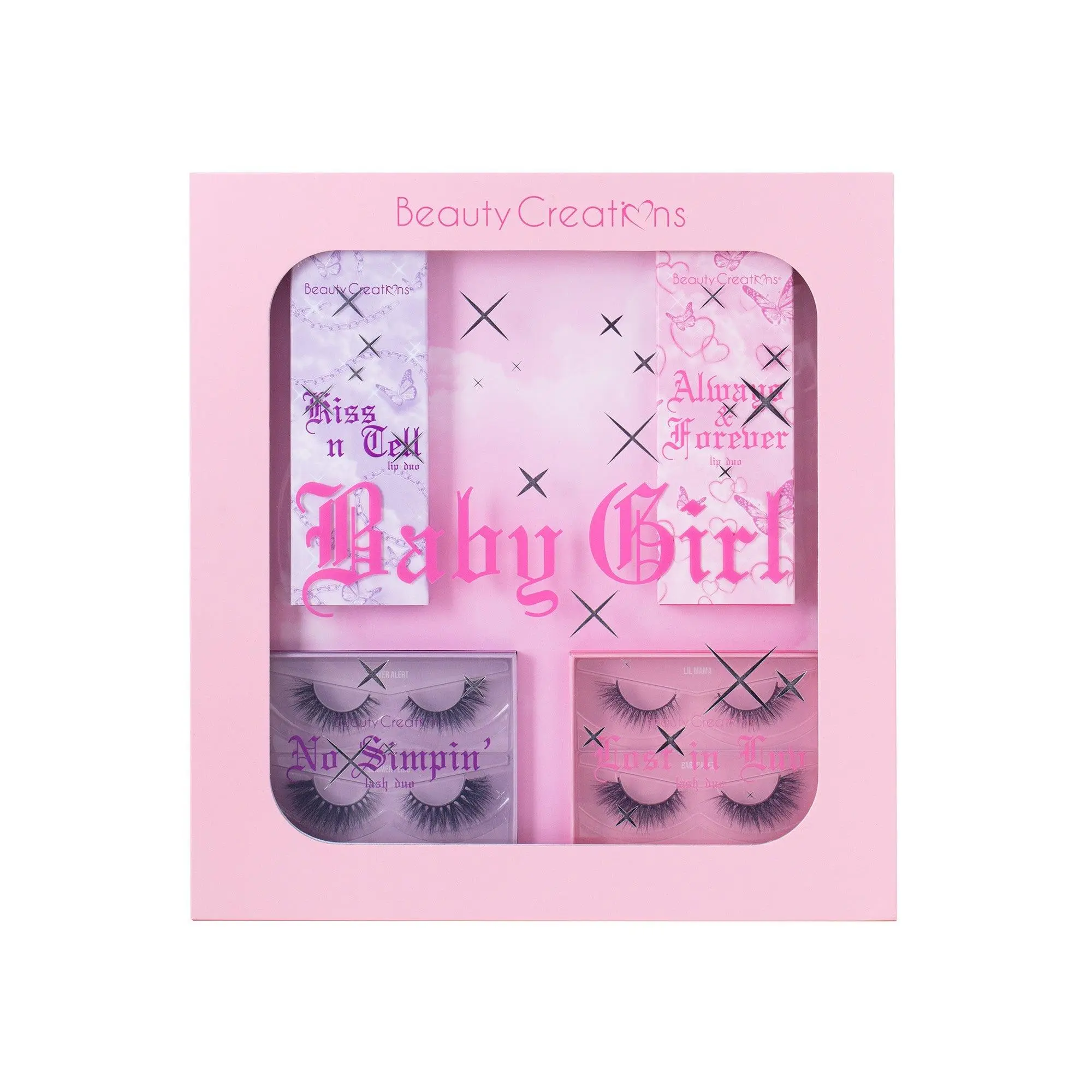 Beauty Creations Baby Girl PR Makeup Set Cosmetic with Purple and Pink Lash Duos, Kiss N Tell Lip Duo, and Always & Forever Lip Dup Color