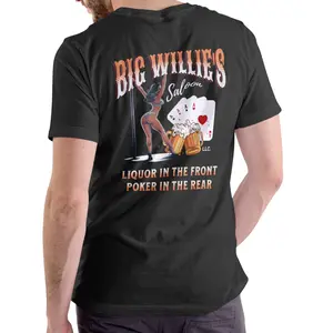 Big Willie's Saloon T-Shirt - Casual Short Sleeve Top with Graphic Design Featuring Poker and Liquor