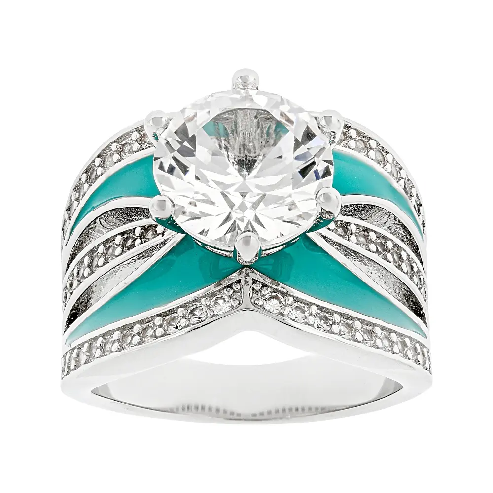 Women's Halo Cocktail Gemstone Ring, 4.78 ctw Round Lab-Created White Sapphire, Black Enamel Accents, Rhodium Over Brass