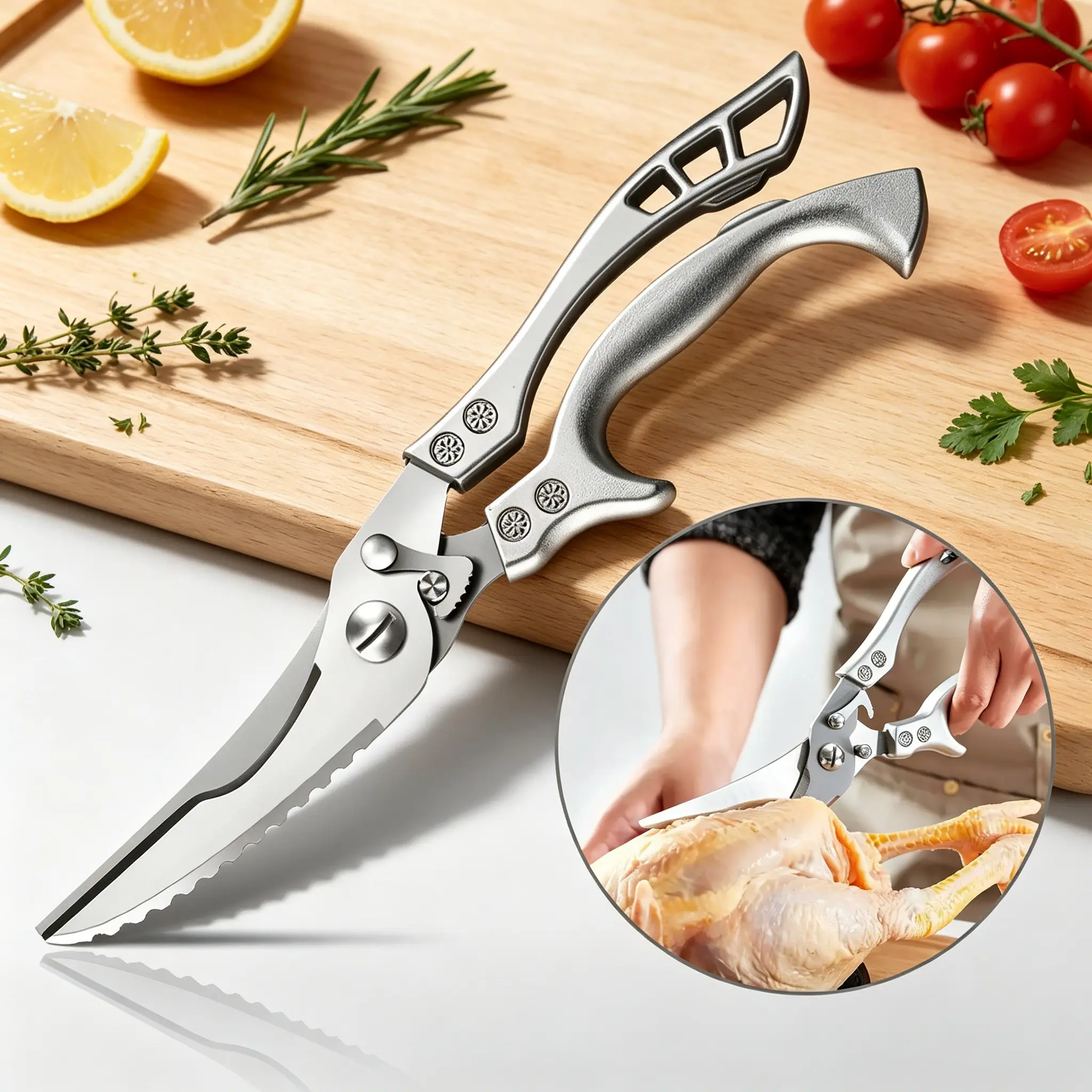 Heavy-Duty Stainless Steel Kitchen Scissors with Safety Lock, Spring Mechanism, Non-Slip Handle, Rustproof, Sharp, Durable, Dishwasher-Safe Food Shears for Meat Cutting, Restaurants, Food Truck Services