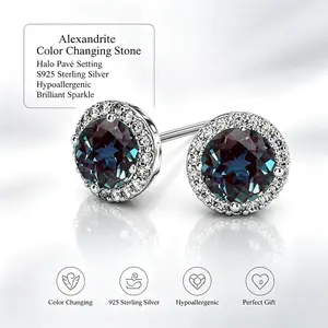 Color Changing Alexandrite Effect Moissanite Halo Stud Earrings S925 Sterling Silver Dazzling Galaxy Design Hypoallergenic Fine Jewelry earrings for men