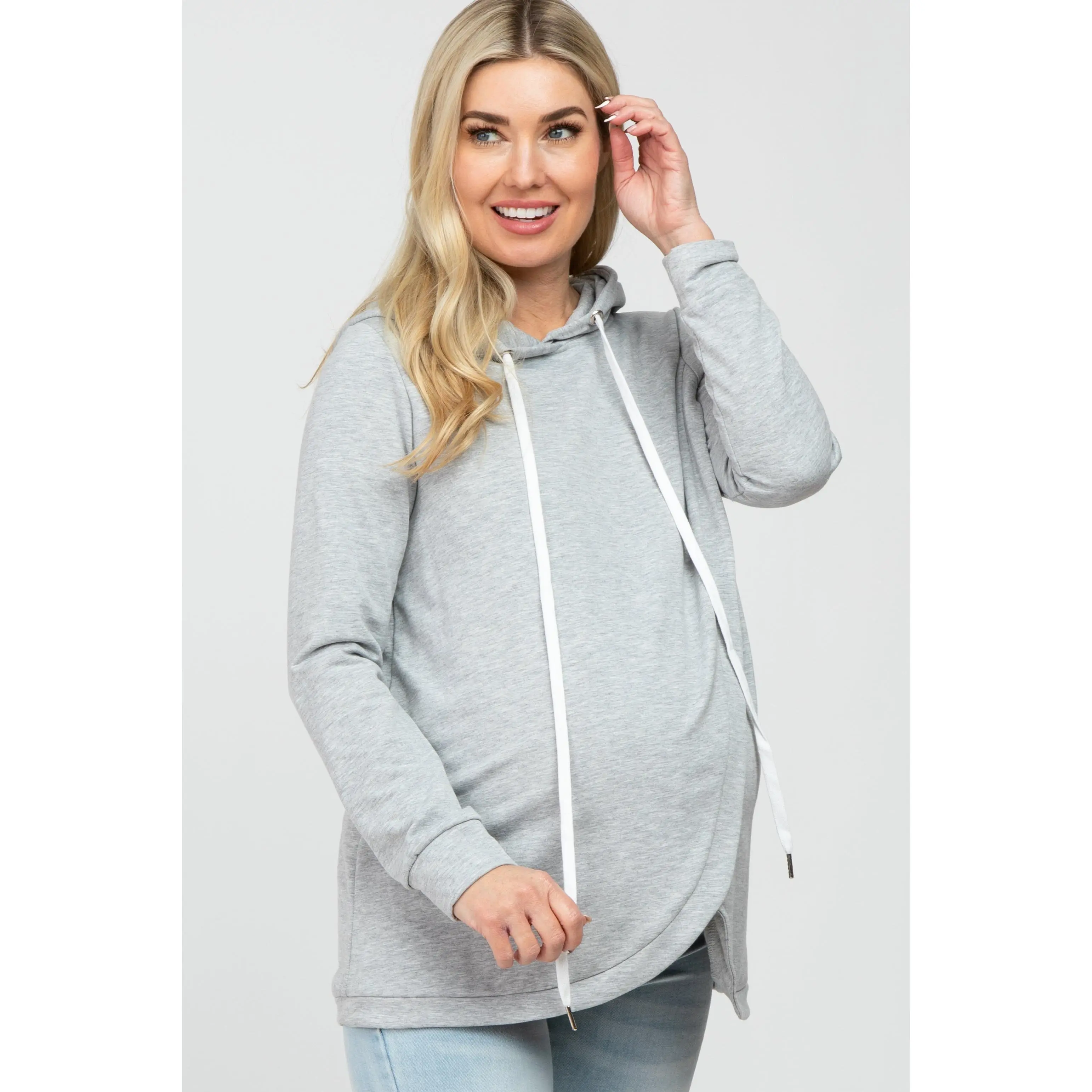 Heather Grey Layered Front Maternity/Nursing Fleece Hoodie, Casual, Long Sleeve, Drawstring, Full Sleeve