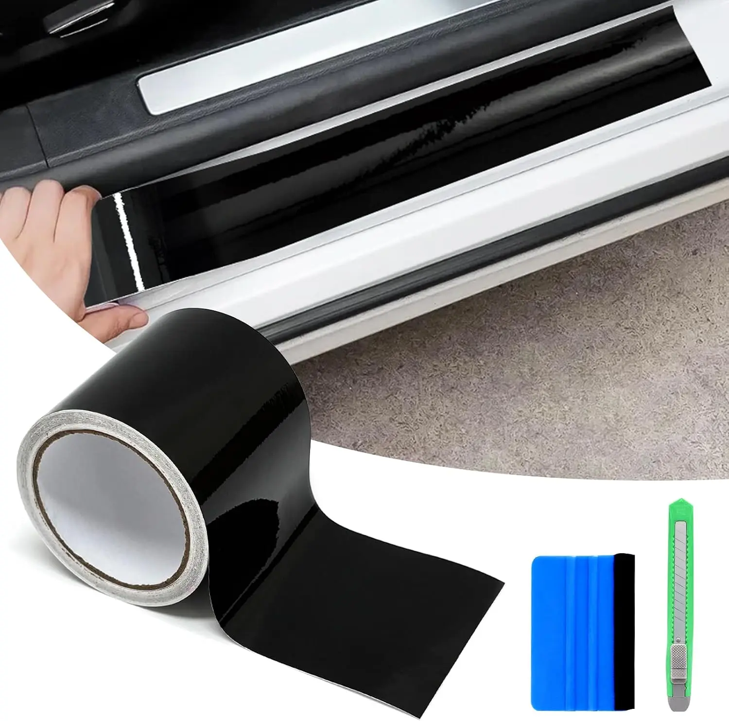 4" × 30 FT Gloss Black Vinyl Wrap Air Release Film, Chrome Delete Window Trim Sticker, Car Door Sill Anti-Scratch Protector Decal with Full Installation Tool Kit