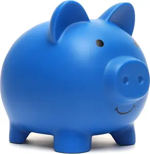 Cute Blue Piggy Bank - Coin Bank for Boys and Girls, Plastic Shatterproof Money Bank with Wooden Design, Children's Toy Gift Savings Jar Decor - Ornaments