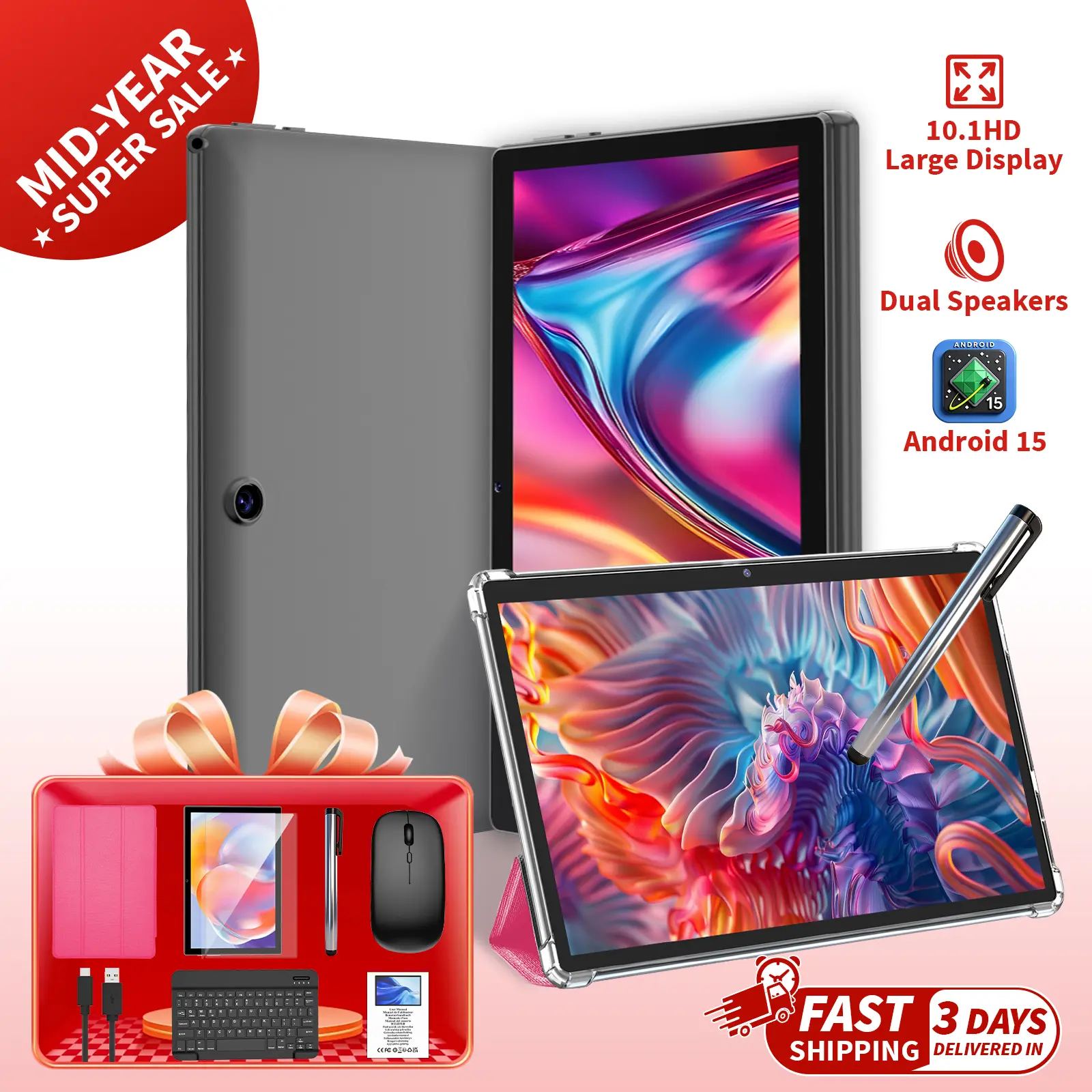 【SummerTurnUp】Relndoo 10.1-Inch Android 15 Tablet with 5G WiFi, Bluetooth, Foldable Design, 6000mAh Battery, Type-C/USB-C Port, Stylus Support, Keyboard Support, Included Keyboard, Mouse, Stylus, Case