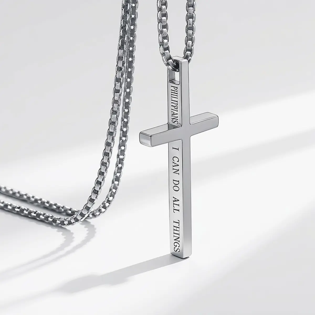 Stainless steel men's cross necklace, inspirational scripture pendant, faith necklace, available in 18, 20, 22, and 24 inches.