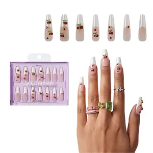 Gold Finger Glitzy 3D Press-On Nails in Delish – 2X-Long Coffin Fake Nails, Pearl French with 3D Cherry Rhinestones, Luxury Glue On Nails, 28 Pc Kit