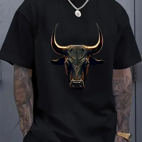 Men's Printed Copper Bull Head Pattern T-shirt, Round Neck, Short Sleeves, Loose Casual Streetwear Top, Suitable for Summer