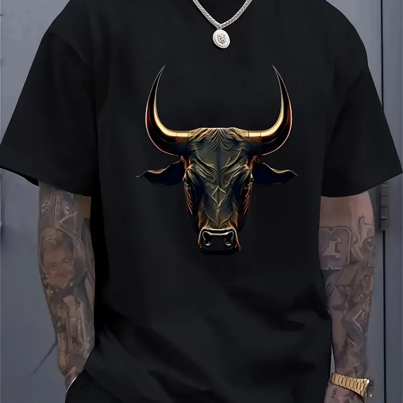 Men's Printed Copper Bull Head Pattern T-shirt, Round Neck, Short Sleeves, Loose Casual Streetwear Top, Suitable for Summer