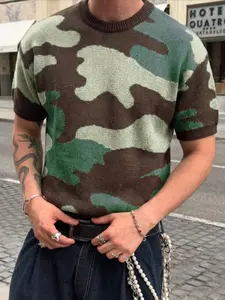 Spring/Summer new camouflage color-block trendy street-style pullover short-sleeve loose comfortable knit top