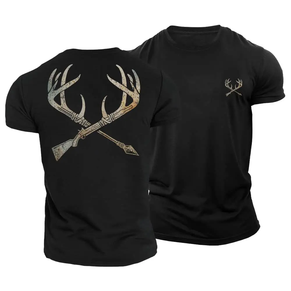 Crossed Antlers Hunting Shirt, Vintage Deer Hunter Graphic T-Shirt, Buck Hunting Outdoor Tee Gift for Hunters