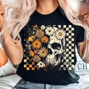 Aesthetic Retro Floral Skeleton T-Shirt |   Premium 100% Cotton Heavyweight Tee |   Trendy Checkered Boho Graphic Top |   Soft Breathable Casual Crewneck |   Unique 2026 Spring Break Gift |   Western Style Unisex Streetwear