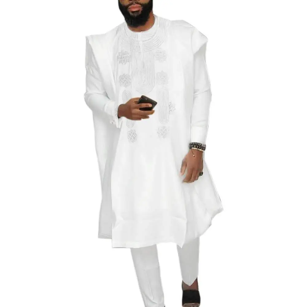 HD African Mens Apparel Agbada Clothing Embroidery Dashiki Shirts and Pants Outfits 3 Pieces