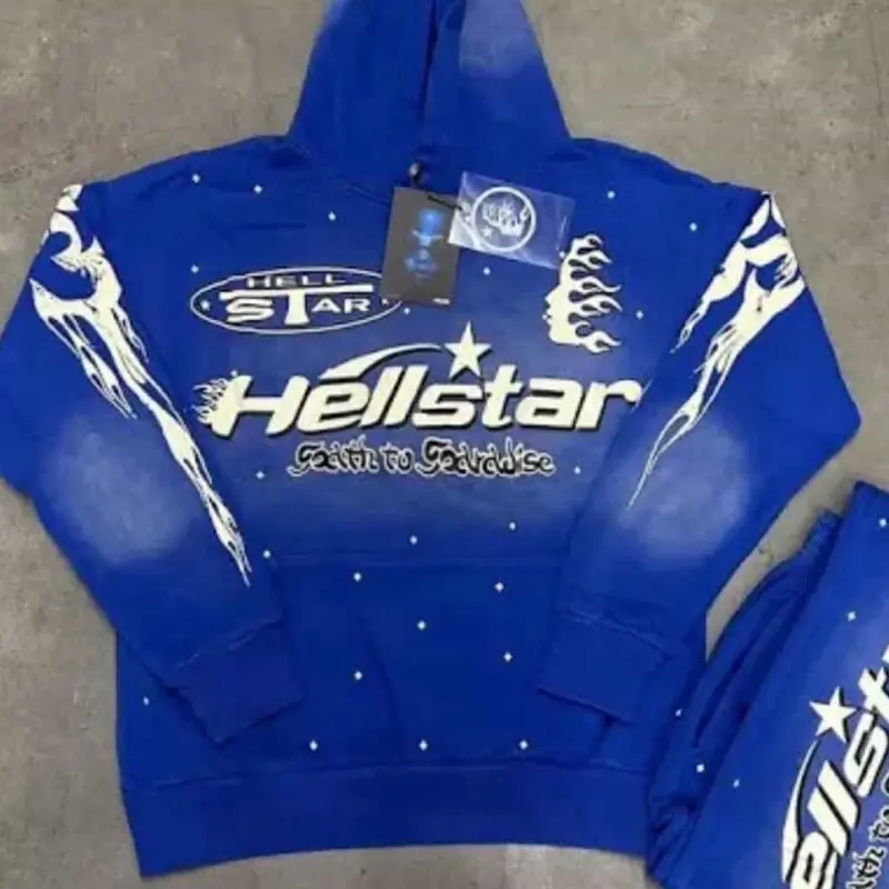 Hellstar Full Outfit Blue Hoodie with Flame Design and Star Logo for Men