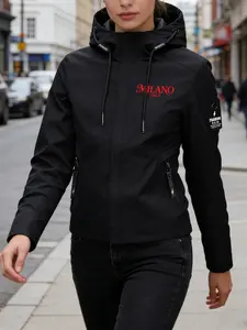Women's Hooded Windbreaker Jacket "MILANO ITALY" Print Outdoor Windproof Jacket Multi-Color Options Stand Collar Loose All-Season Warm Wind Coat Ideal for Daily Commute Hiking Climbing Wear Soft Comfortable Breathable Machine Washable