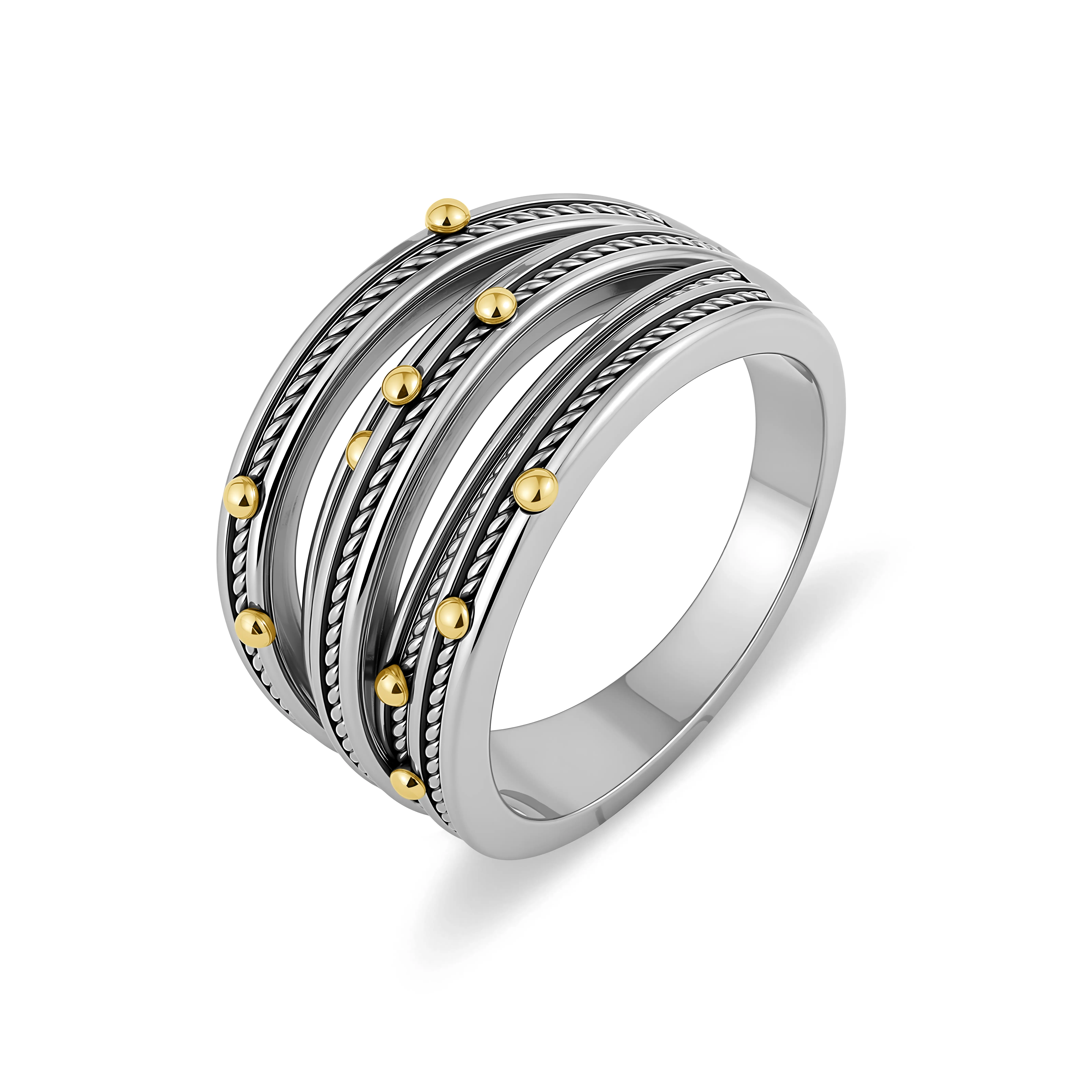 Aprilery Ring for Women, Vintage 2-Tone Multi-Strand Twisted & Braided Bead-Inlaid Statement Ring, Fashionable Jewelry Accessories for Daily & Party Wear, Ring Jewelry