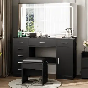 GAOMON Vanity with Chair and Mirror and 7 Drawers Storage, Black Makeup Vanity Desk with Lights, Vanitys Set with 3 Light Mode and Brightness Adjusted, Make Up Table with Hairdryer Holder for Bedroom