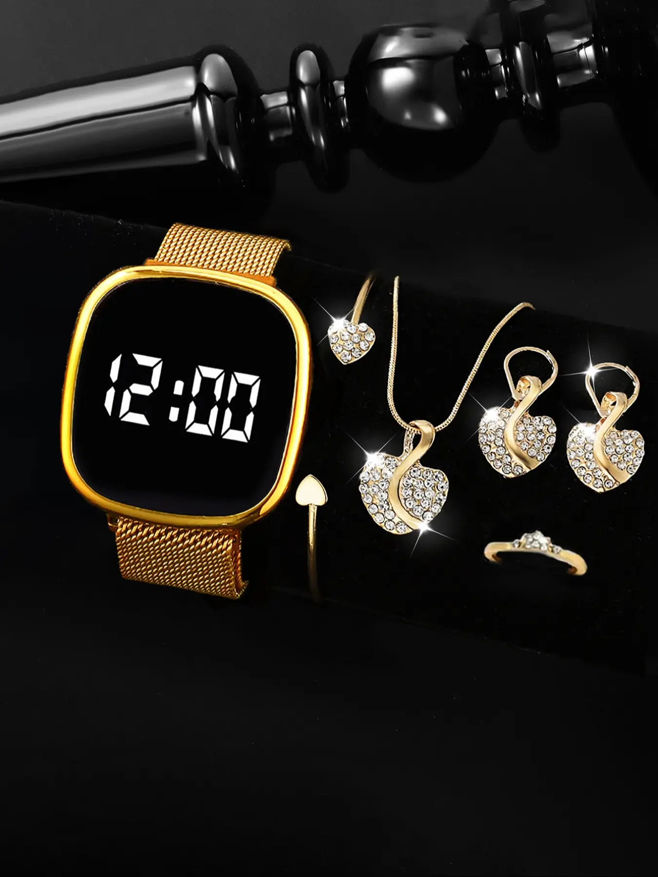 6pcs Rose Gold LED Display Analog Digital Fashion Watch Set, Magnetic Buckle, Casual Style, Perfect Gift for Kids & Couples
