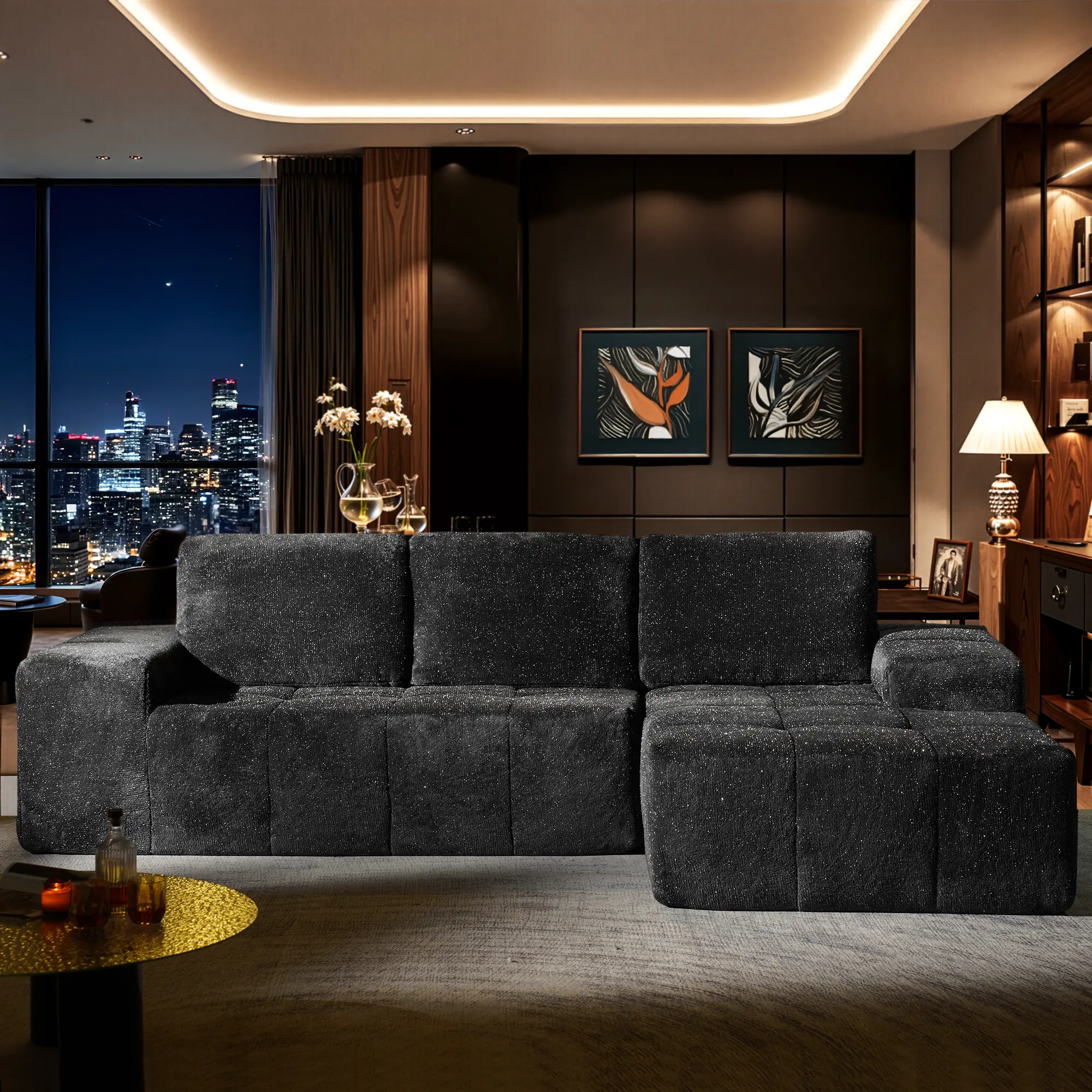 Stardust Grey Shimmer Plush Right Chaise