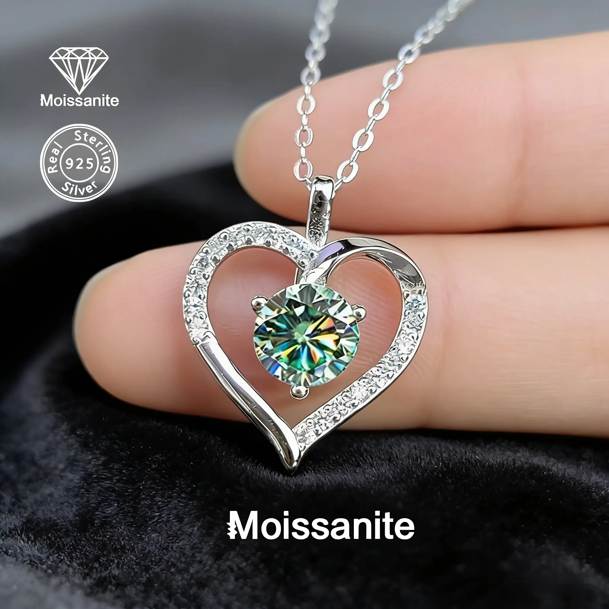 925 Sterling Silver 1ct Blue-Green Moissanite Heart Pendant Necklace - Jewelry Gift for Birthday, Valentine's Day, Christmas, Halloween, New Year, Parties & Weddings