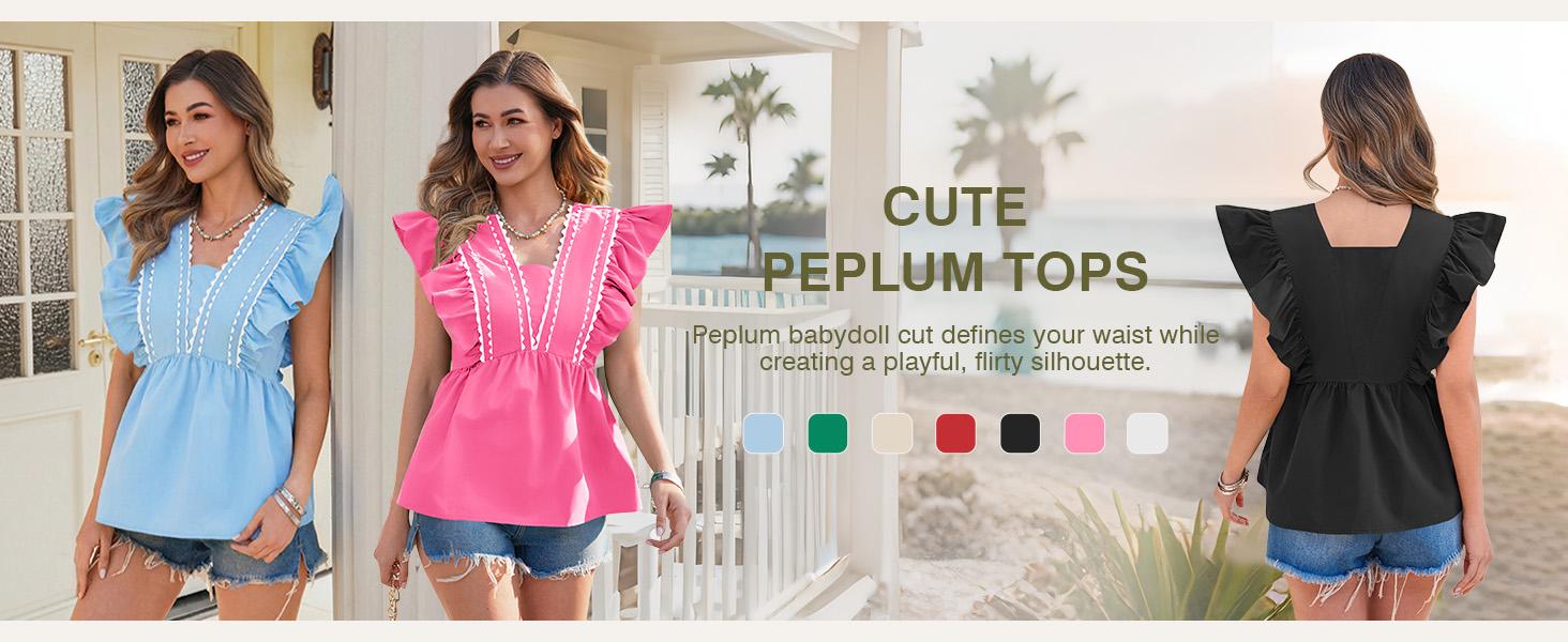 【StPatricksDay Green】TANKANEO Women’s V Neck Ruffle Sleeve Babydoll Blouse, Trim Scalloped Detail Loose Fit Summer Casual Top