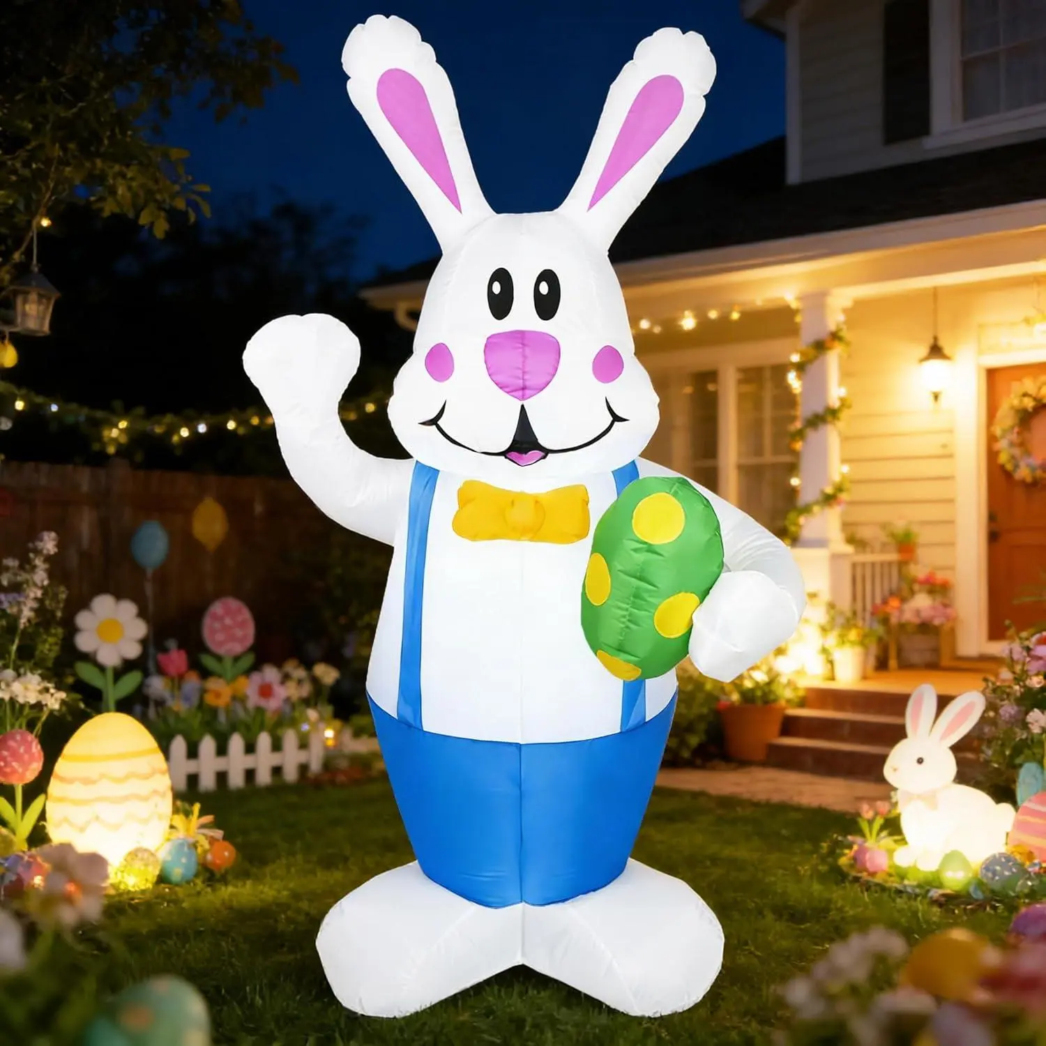 6FT Waterproof Easter Blue Bunny Decoration, Giant Rabbit Holding Easter Egg with LED Lights, Outdoor Holiday Party Ornament for Indoor Use, 6Ft Easter Blue Bunny With Egg