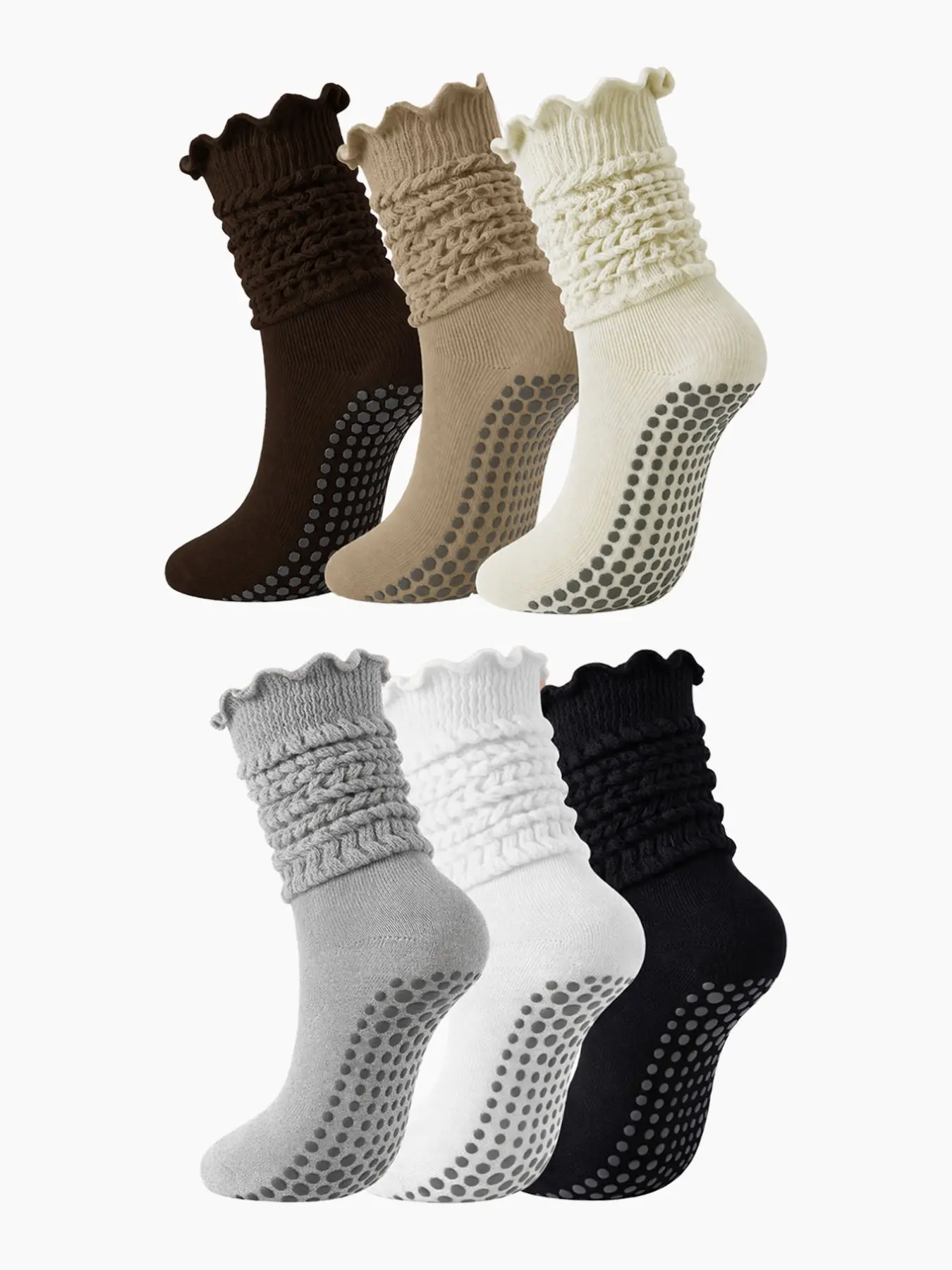 Pilates Socks with Grips for Women, 6 Pairs Women Ruffle Grippy Yoga Ballet Barre Hospital Gym Athletic Workout Socks, Long Scrunch Slipper Socks, Active Socks, All Season Socks