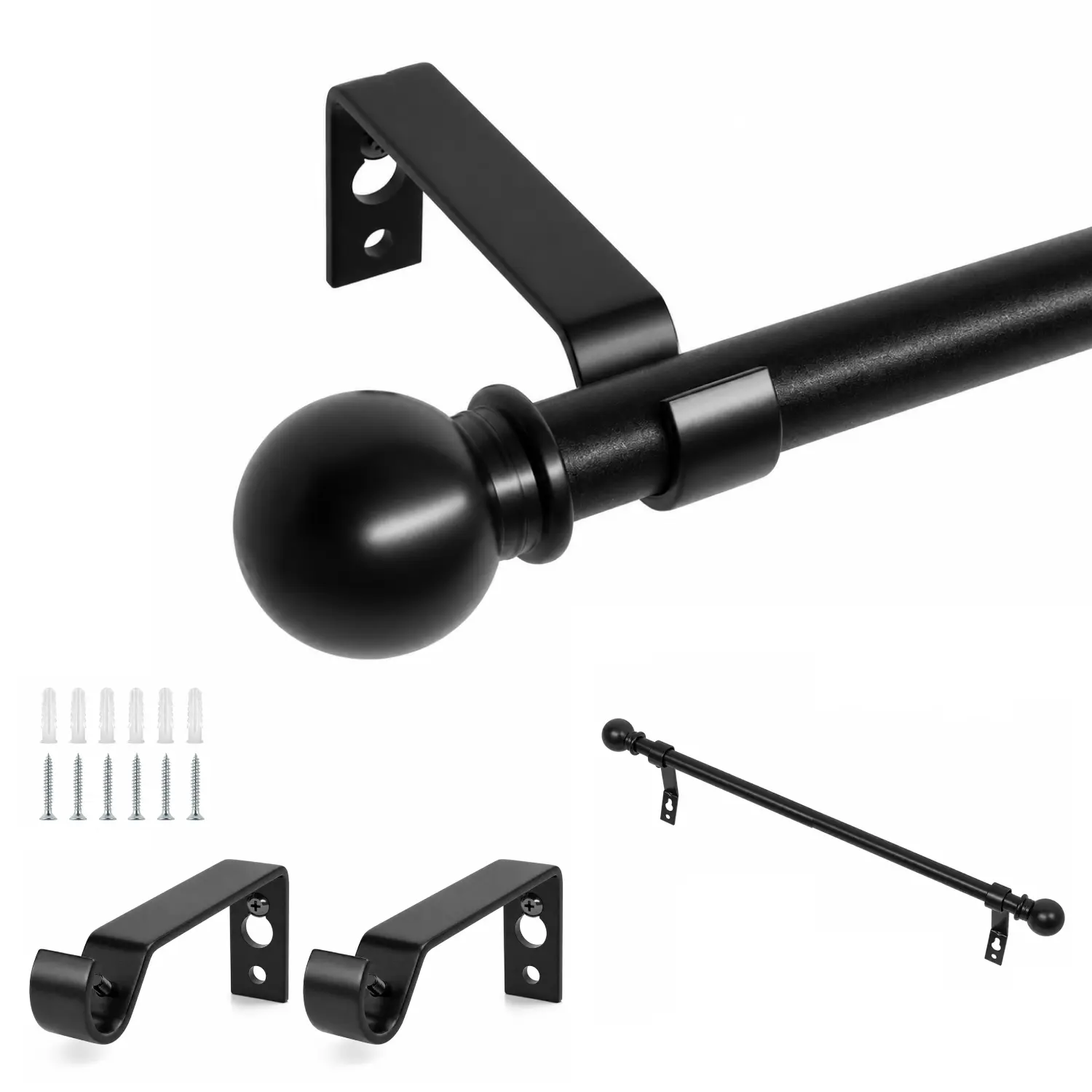 Matte Black Curtain Pole Set (28-48 in) - Adjustable Heavy-Duty Metal Splice Rod, Decorative Finials, Wall Mount Brackets, Blackout Curtain Fit for Bedroom, Everyday Home Use