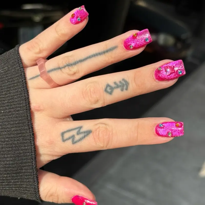 Hot pink cateye with gems hard gel builder set | salon quality handmade press ons