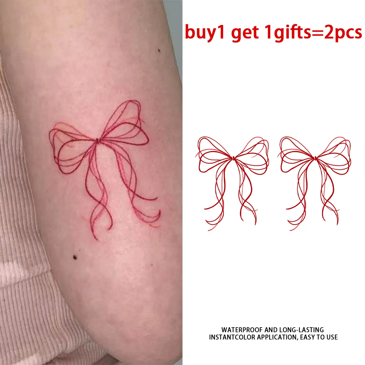 Red Thin Line Bow Series Temporary Tattoo Stickers - 2 Sheets Semi-Permanent Waterproof Realistic Fake Tattoos, Suitable for Men Women, All Skin Types Ideal for Swimming, Party, Beach