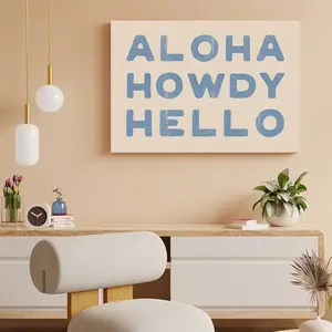 Minimalist Aesthetic Typography Art Poster - Funny "Aloha Howdy" Greeting Font Print, Blue Text Casual Hangable Decor, Wooden Framed/Unframed Home Decor for Living Room, Bedroom, Trendy Gift, Artistic