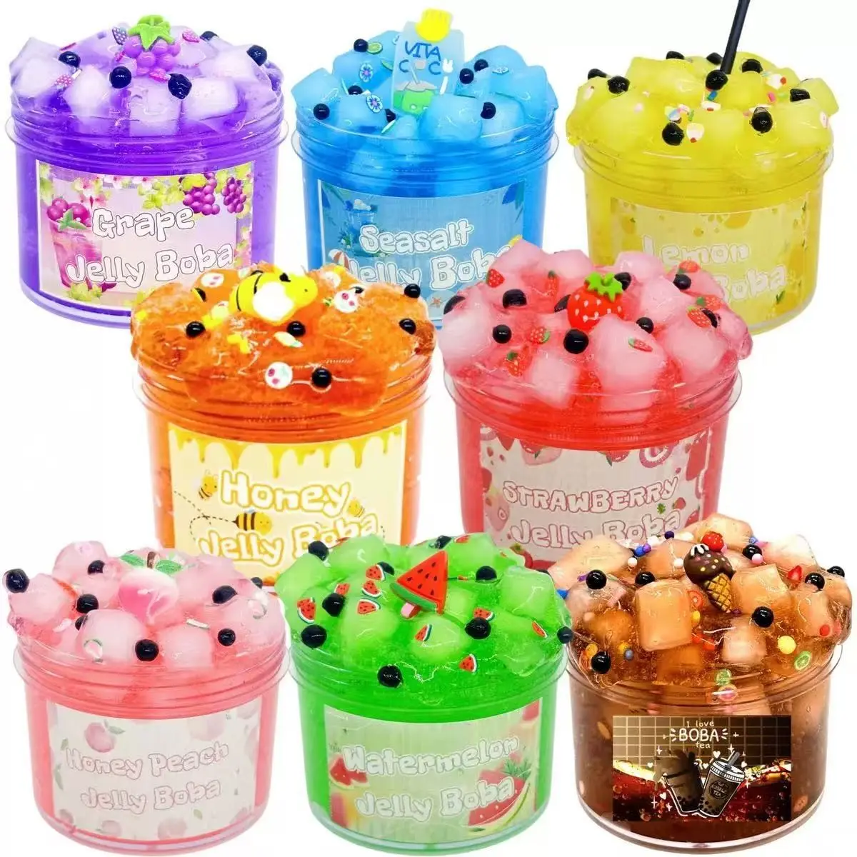 70ML Crispy Crystal Slime Set, Soft Cover Sensory Balls, Watermelon Grape Peach Strawberry Bottle Pre-Made Slime Combo, Stress Relief Squeeze Toy, Slime Kit