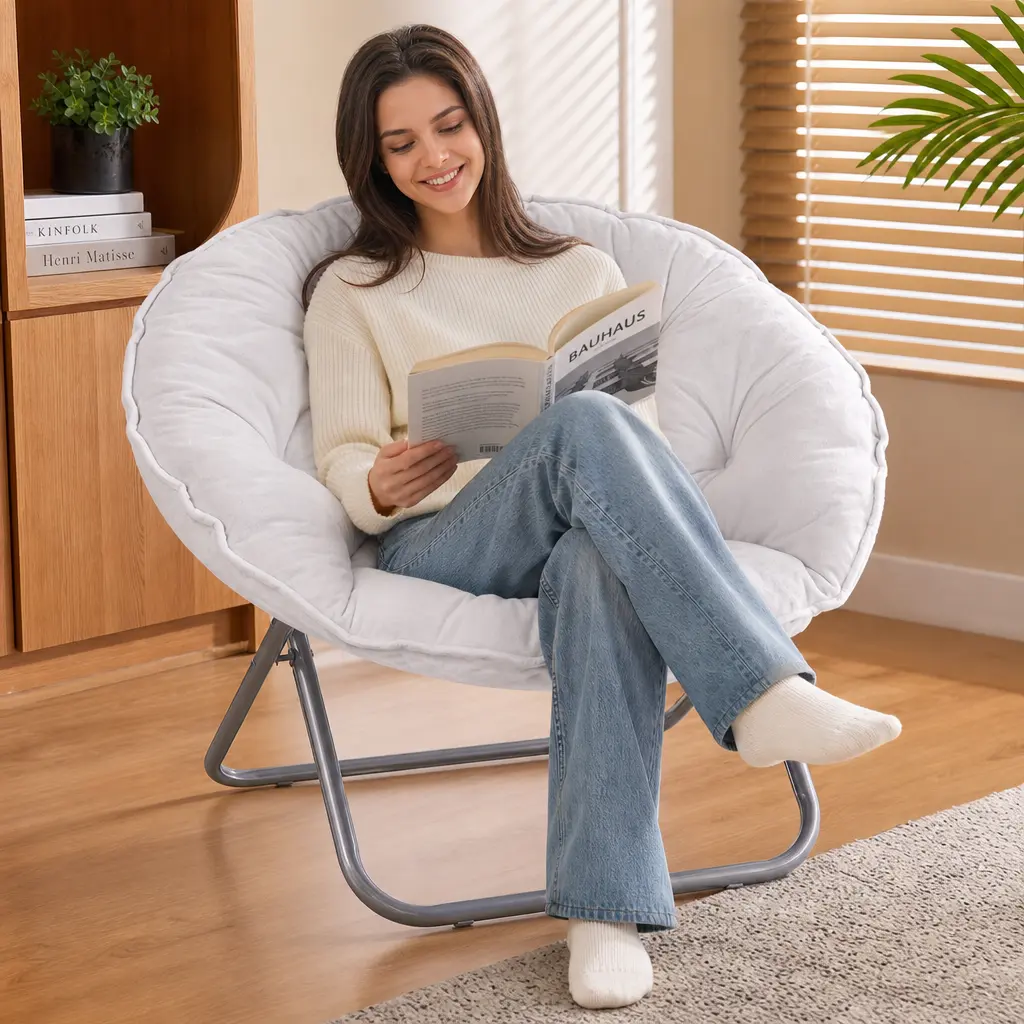 Comhoma Comfy Saucer Chair, Faux Fur Lounge Seating XL Circle Chair for the Bedroom, Dorm, and Gaming, Foldable Fashion Accent Seat for Small Spaces, Folding Moon/Mushroom/Round Oversized Style