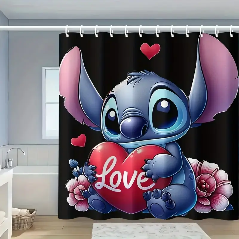 Disney Classic Stitch Animal Character Fabric Shower Curtain - Red Heart & Flowers, "Love" Design, Fast Dry Shower Curtain Art, 12 Hooks Included for Easy Installation, Ideal for Home Bathroom Decoration, Fabric Shower Curtains